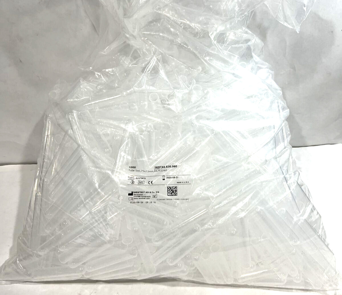 Plastic Test Tubes 5ml 75x13mm RB PP Grad 55.525.060 Centrifuge Tube Bag of ~500