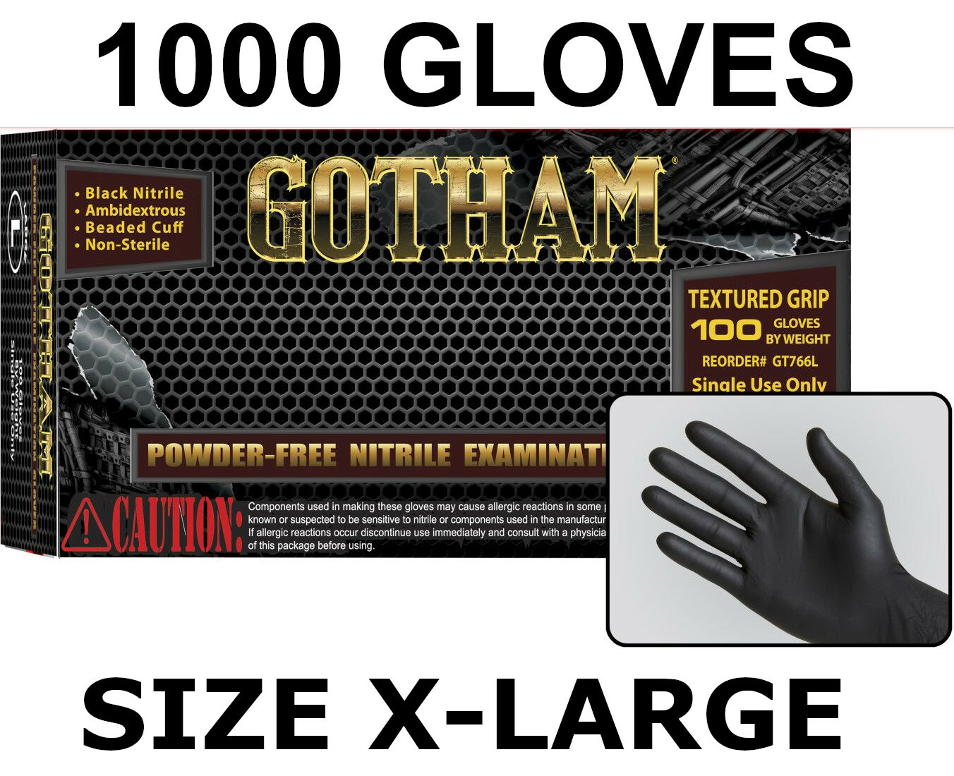 GOTHAM Black Nitrile Exam Gloves, Powder Free, Case of 1000 Size XL X-LARGE