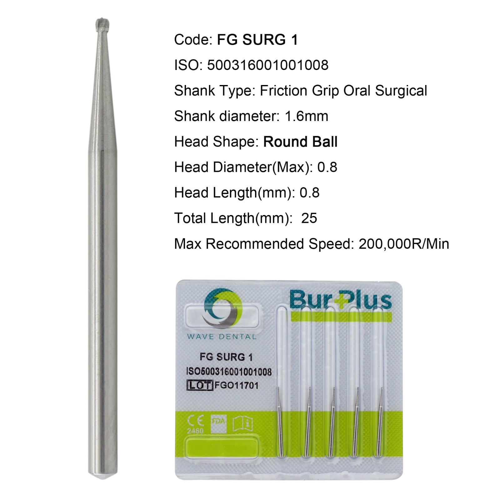 Wave Dental Surgical Carbide Burs 25mm Length Round FG SURG 1 2 3 4 5 6 8 FGOS