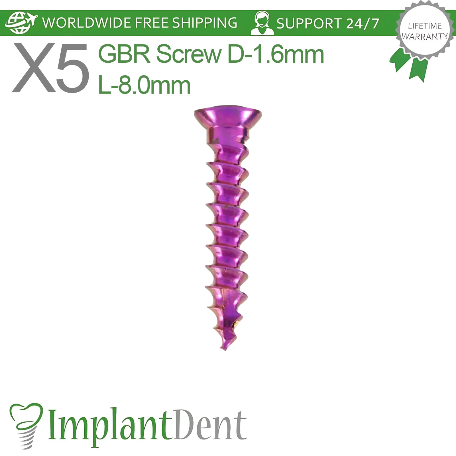 5x Dental Self Drilling 1.6mm GBR Titanium Screw 8.0mm Sterile Dentistry Tool