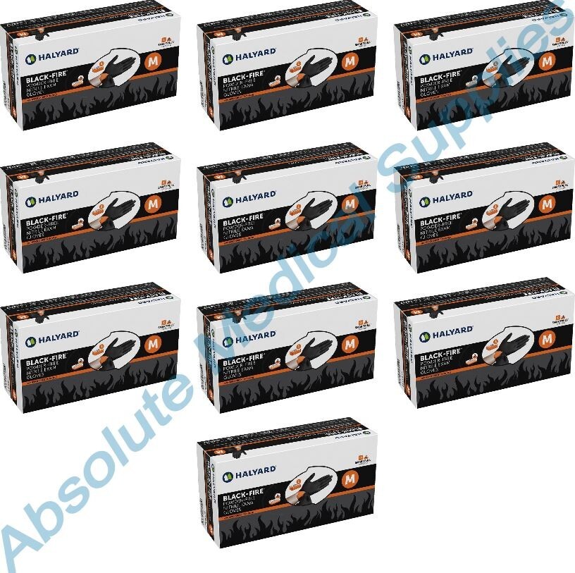 *1,500-Pieces* Halyard Black-Fire PF Nitrile Medical Exam Gloves Medium 44757