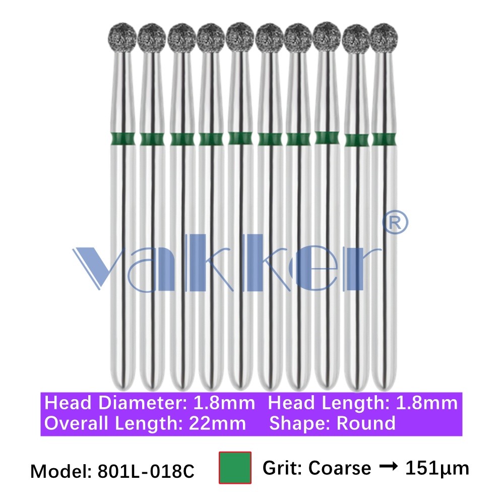 Vakker 10pc Dental 801L-018SC Diamond Bur Super Coarse Round Shape Friction Grip