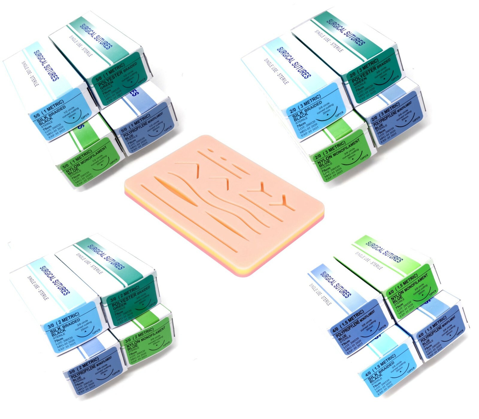 Skin Pad + 12/Pack Student Training Sutures Silk Nylon Polyester Polypropylene