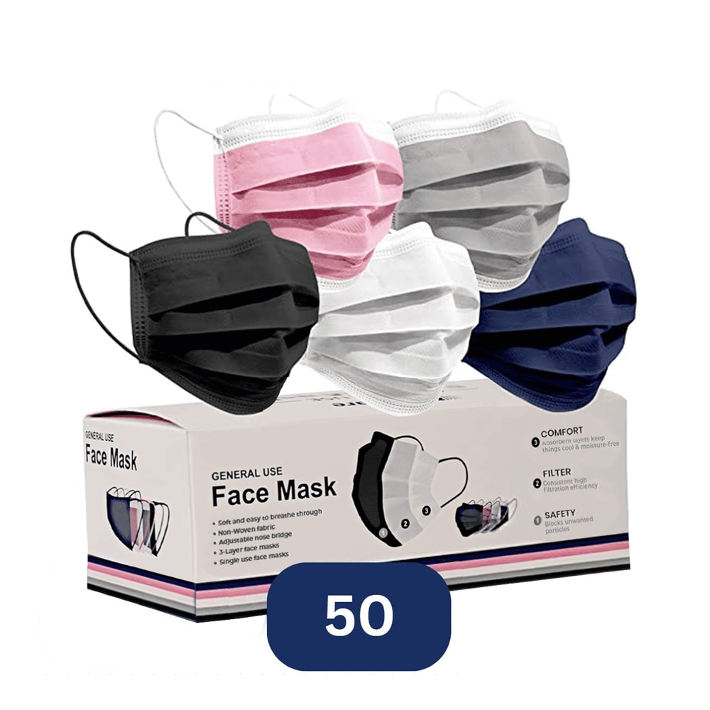 3 Breathable Layers 5 Colorful Options for Adult 50Ct Disposable Face Masks !