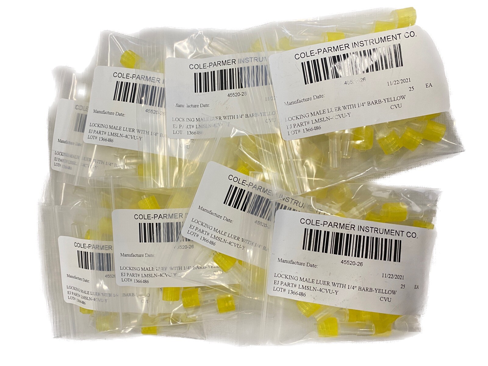 (200 Pc) COLE-PARMER CrystalVu Fitting Yellow Male Luer Lock x 1/4” Barb 4552026