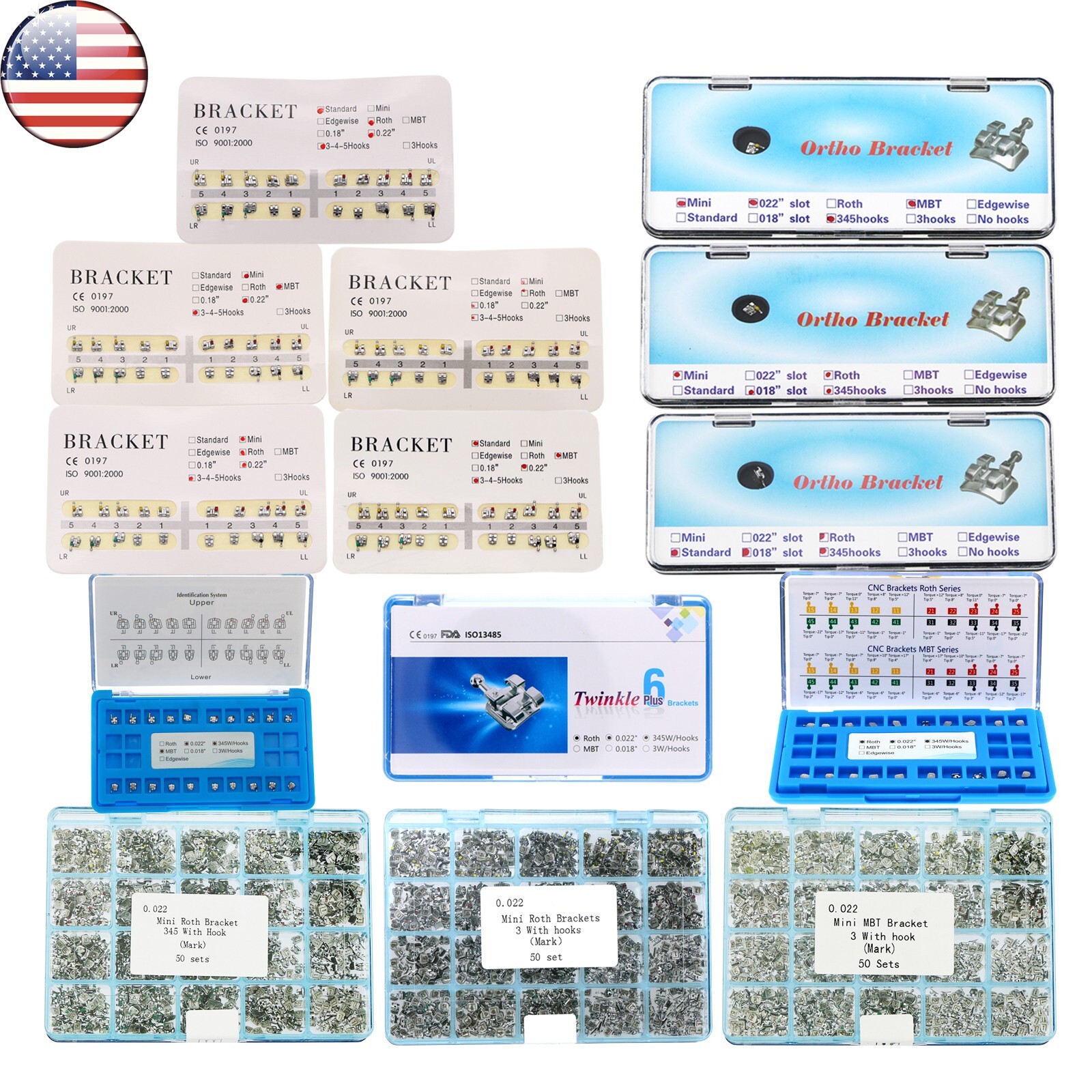 US Dental Orth Bracekets Metal MIM CNC Mini Standard Roth MBT 022 345 with Hooks