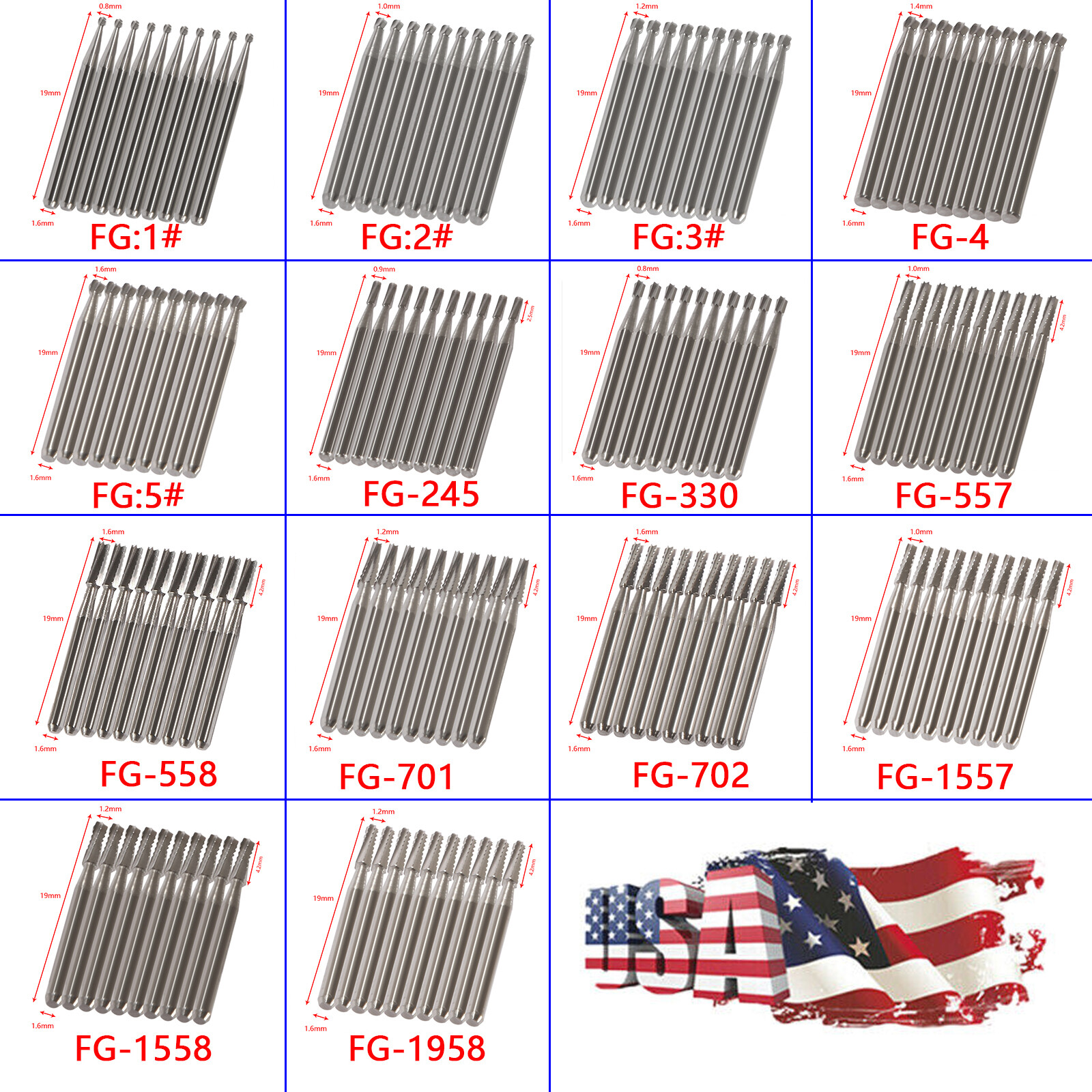 10-100pcs Dental FG Burs High Speed Handpiece Round Carbide Tungsten Steel USPS