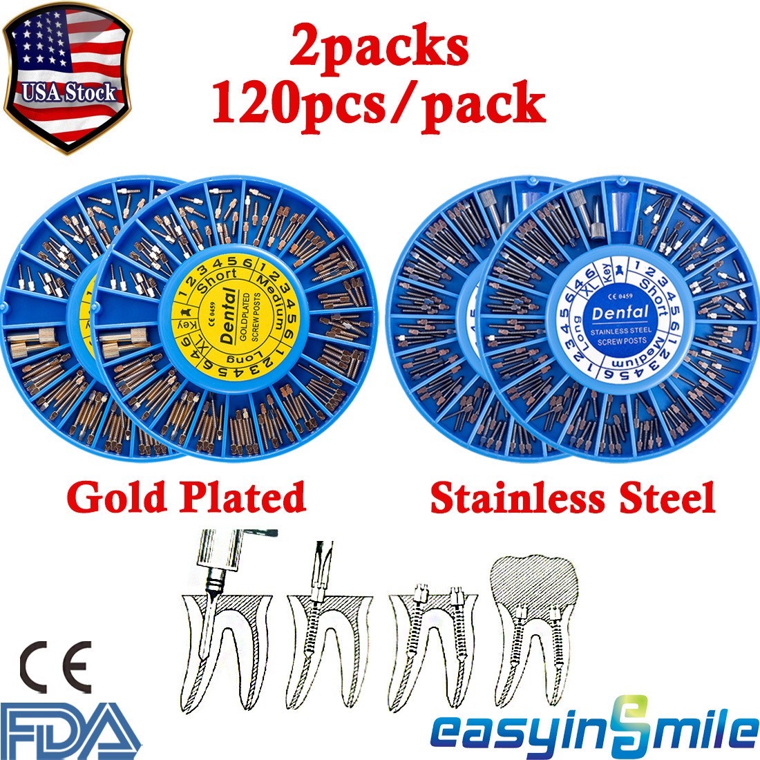 240pc Dental Screw Post Plated Endo Conical Pins Completed Kit Silver/Gold Plate