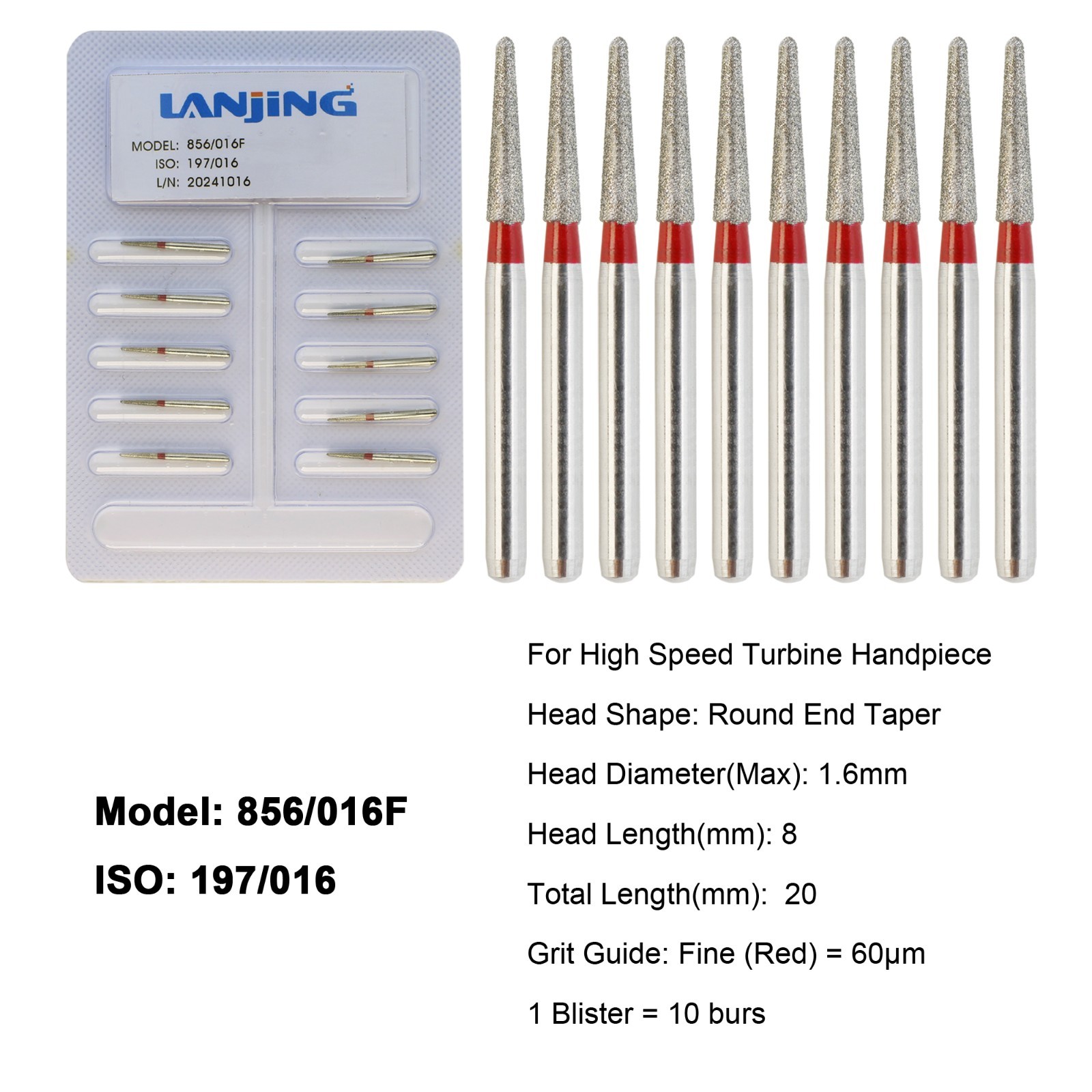 Dental Diamond Burs FG Round End Taper Bur Fine Grit Red 856/016F High Speed