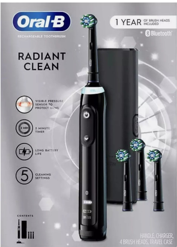 Oral-B Radiant Clean Bluetooth Rechargeable Electric Toothbrush w/ 4 Brush Heads
