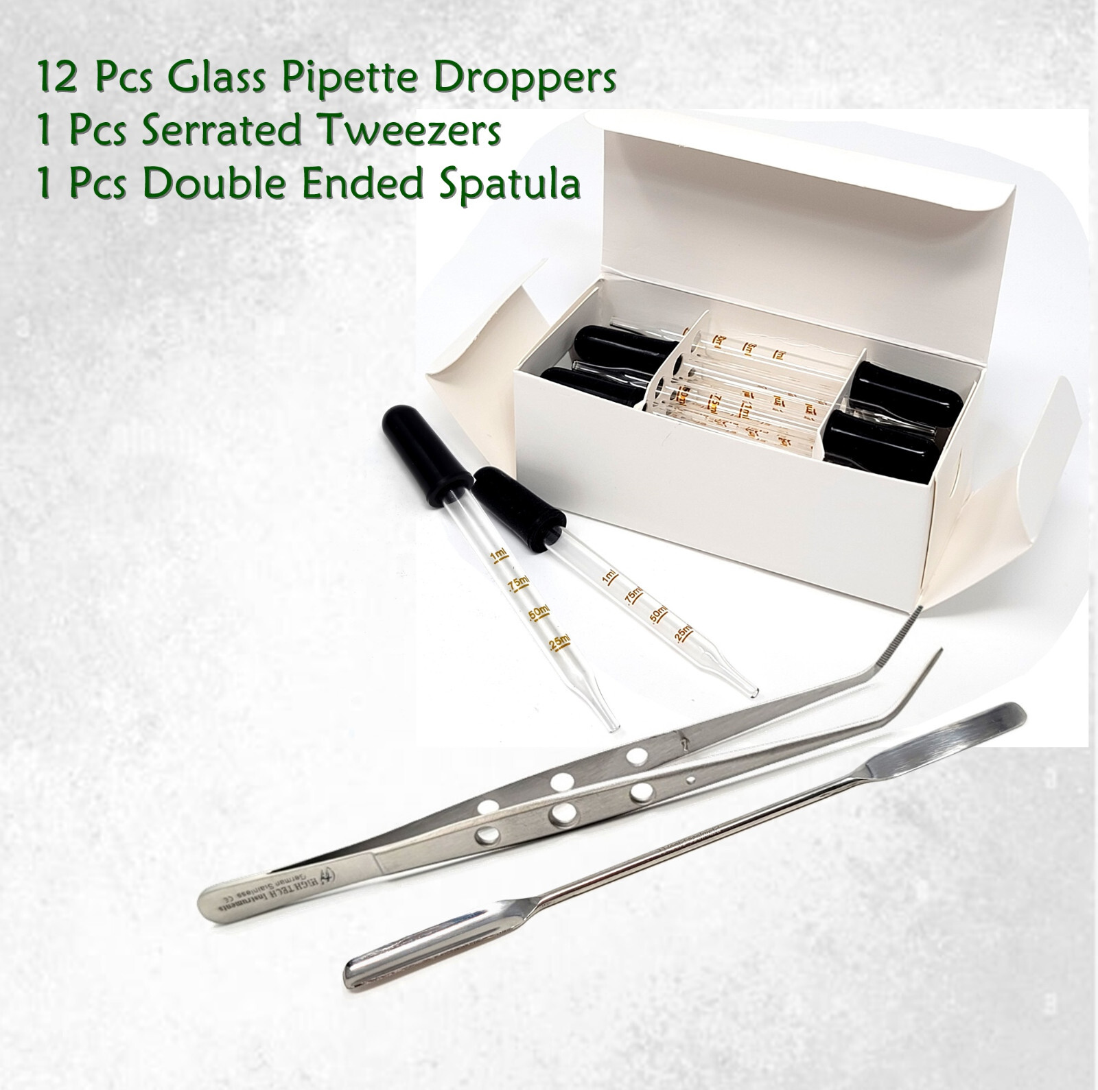 Set of 12 Glass Graduated Lab Pipette Droppers 1ml+Tweezers+Double Ended Spatula