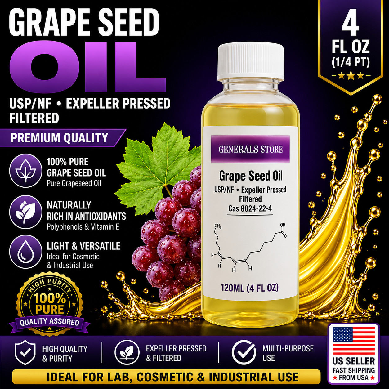 Grape Seed Oil NF/EP – USP RBDW Filtered 4 oz w/2nd ups Air
