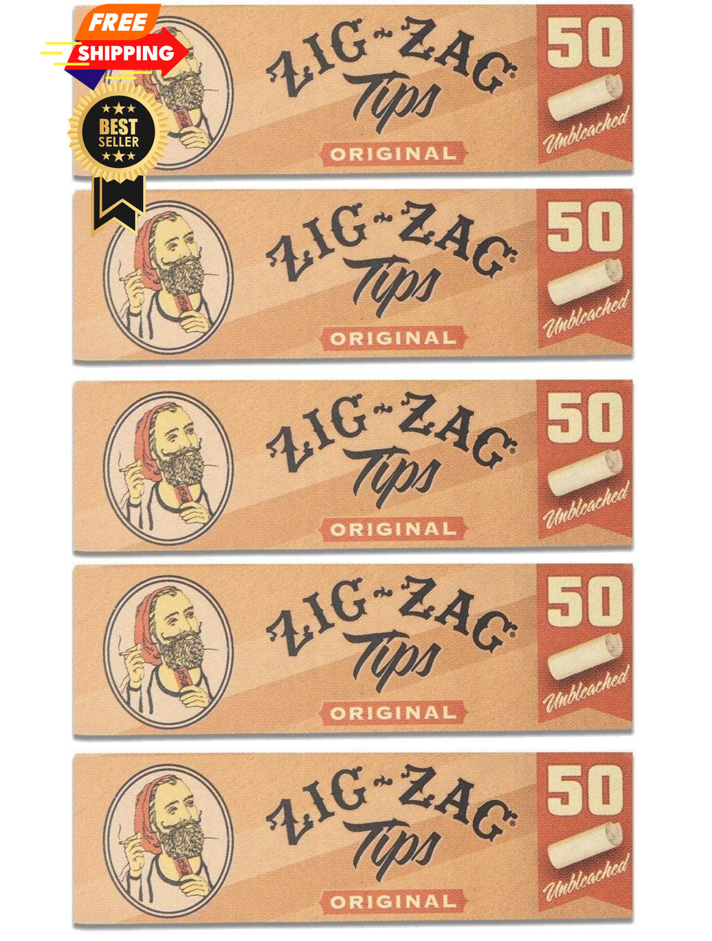 Zig-Zag Rolling Paper Unbleached Filter 50 Count (Pack of 5), Raw