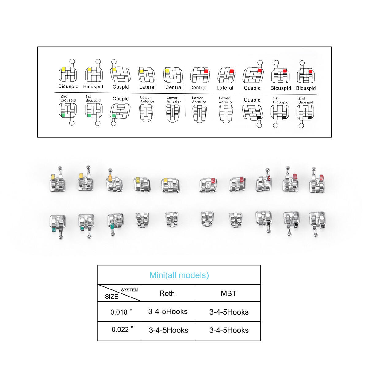 Dental Orthodontic MIM Monoblock Brackets Braces Mini Roth/MBT Hooks 345 AZDENT