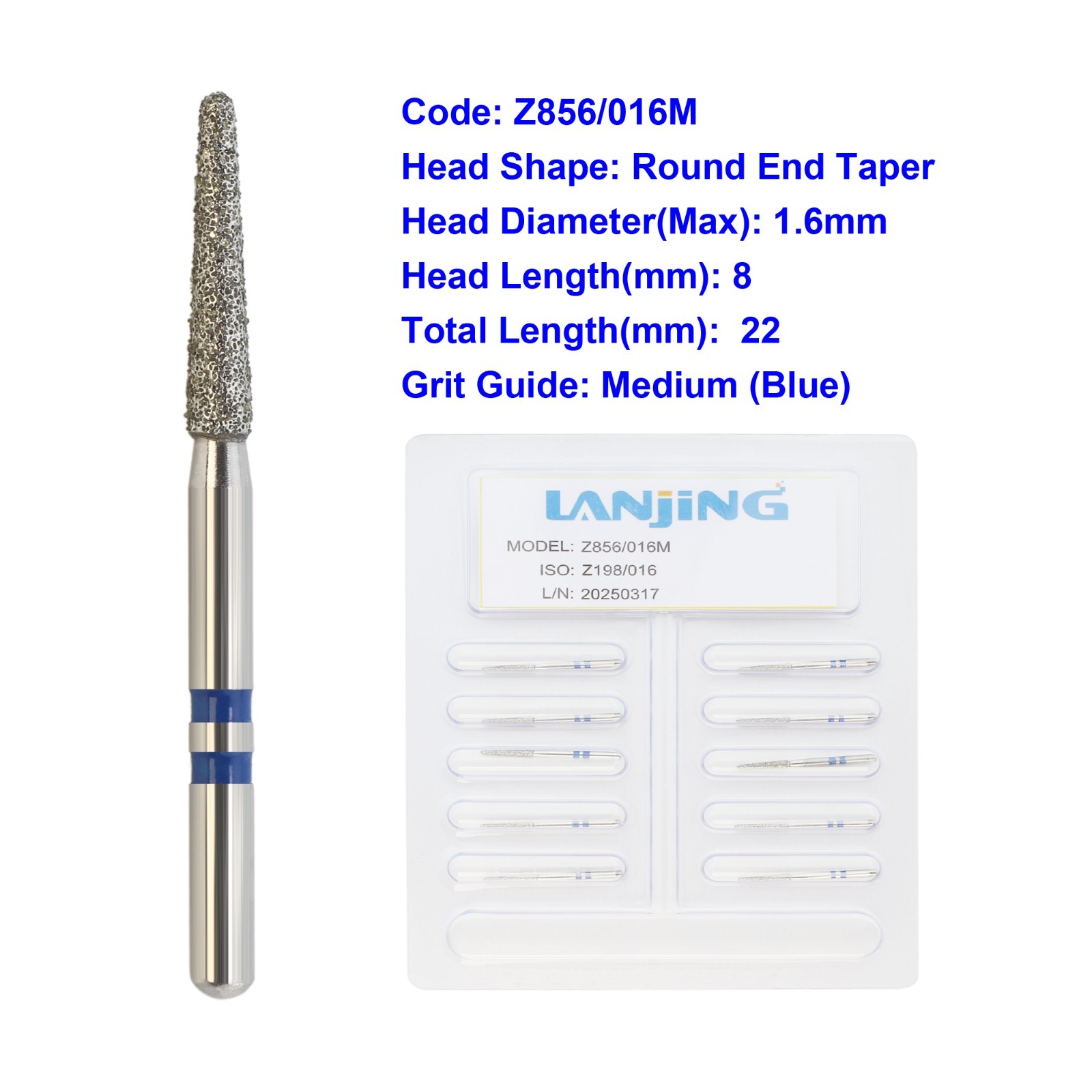 Zirconia Cutter Diamond Burs Crown Cutting Round End Taper Z856/016M Medium Grit