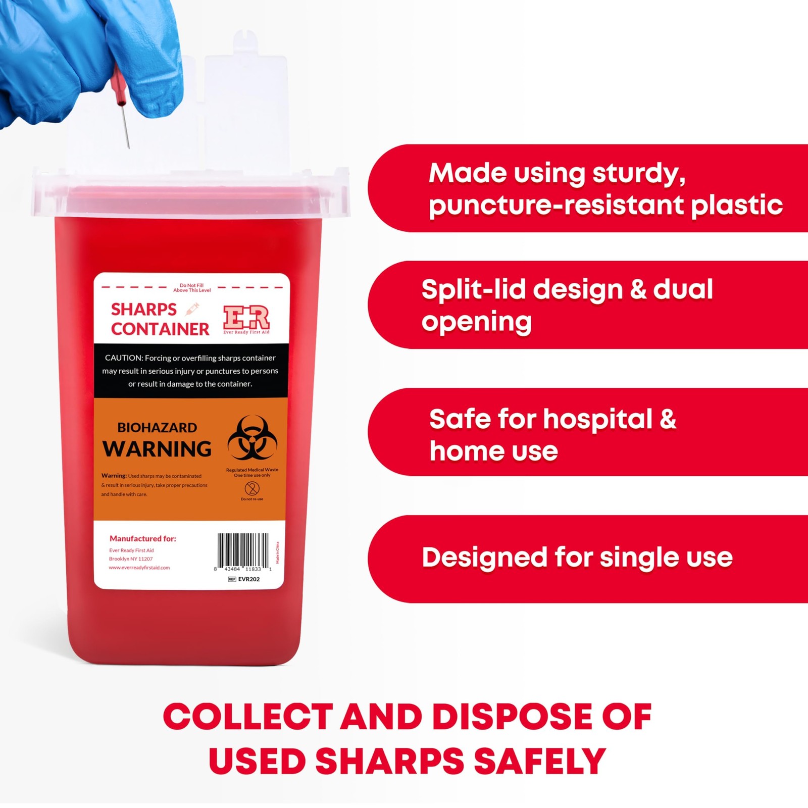 Ever Ready First Aid Sharps Container with Split Lid Design and 1-Count, Red