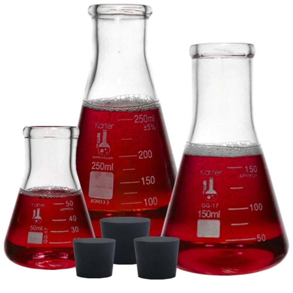 8 Glass Erlenmeyer Flask Sets with Rubber Stoppers – 3 Sizes – 50, 150 and 250ml