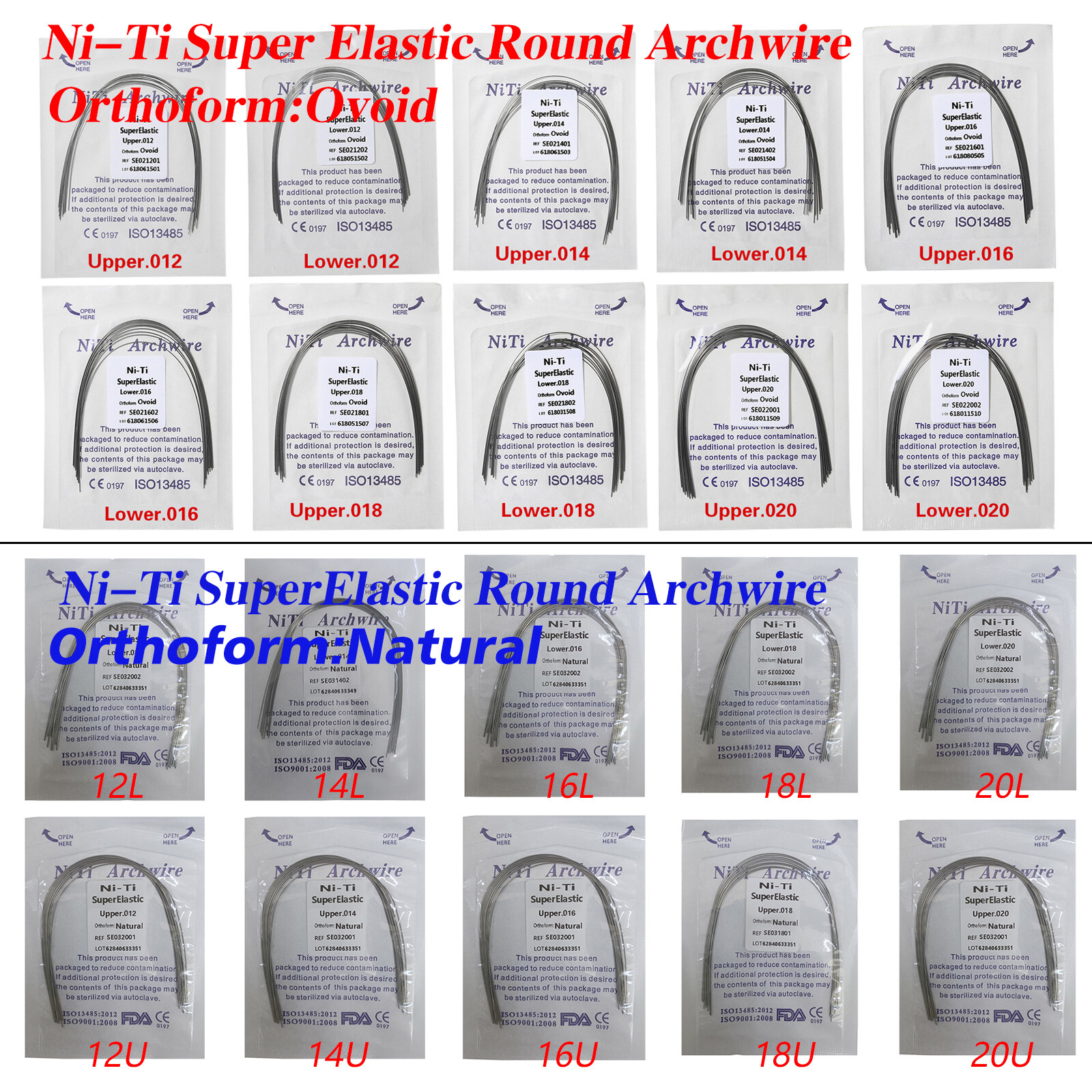 Dental Orthodontic Arch Wire Round Niti Super Elastic Ovoid/Natural 012-20 U&L