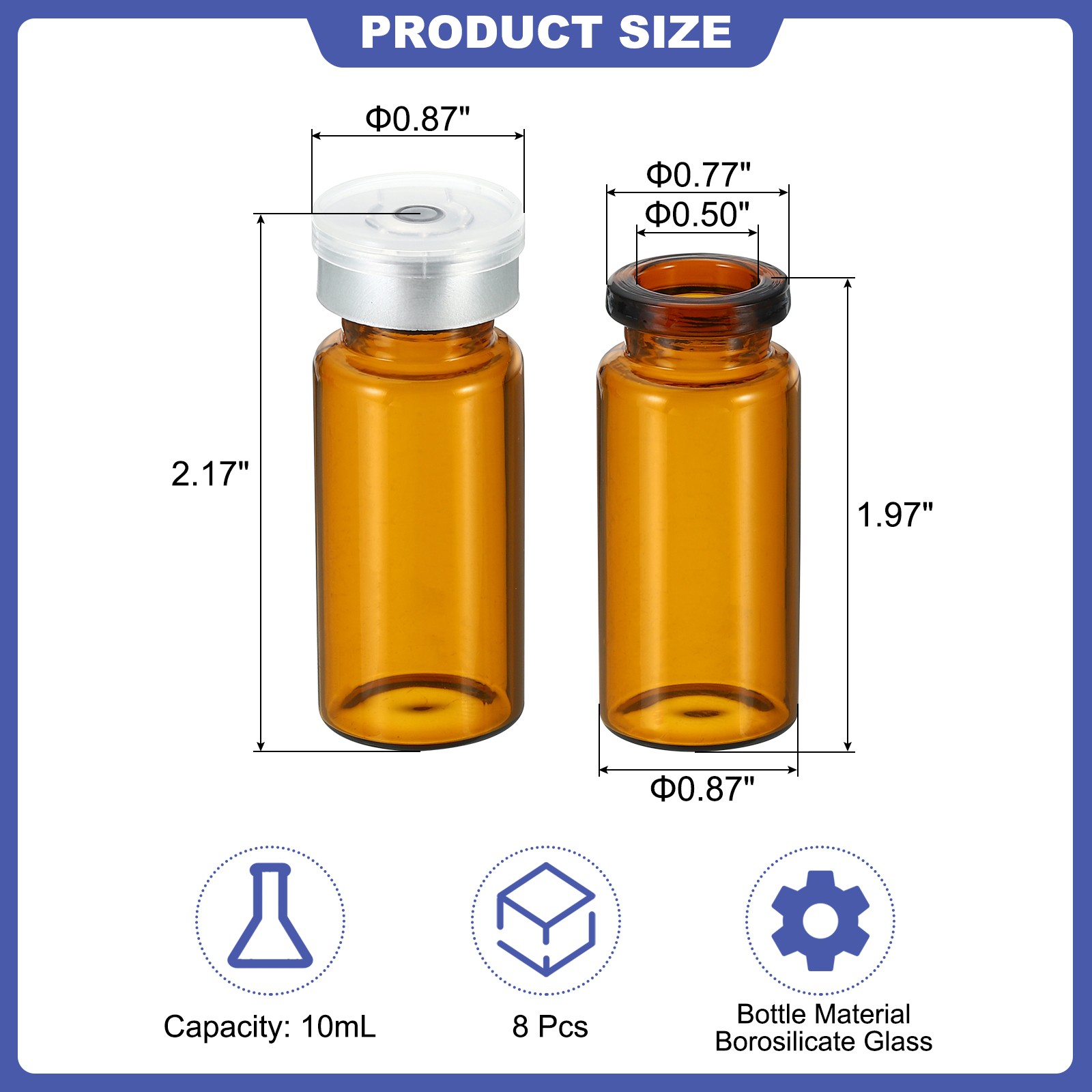 10ml Sample Vials, 8 Pack Lab Empty Vials Borosilicate Glass Vial, Amber