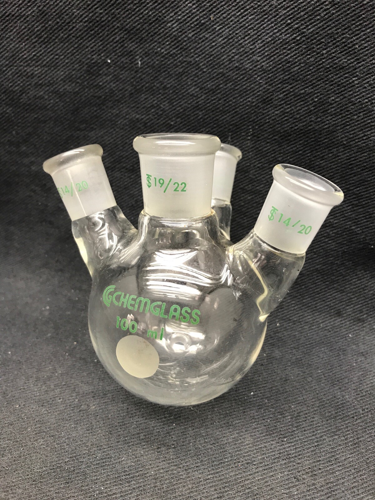 CHEMGLASS 100mL Glass Angled 4-Neck Round Bottom Flask 19/22 14/20 CG-1531-06