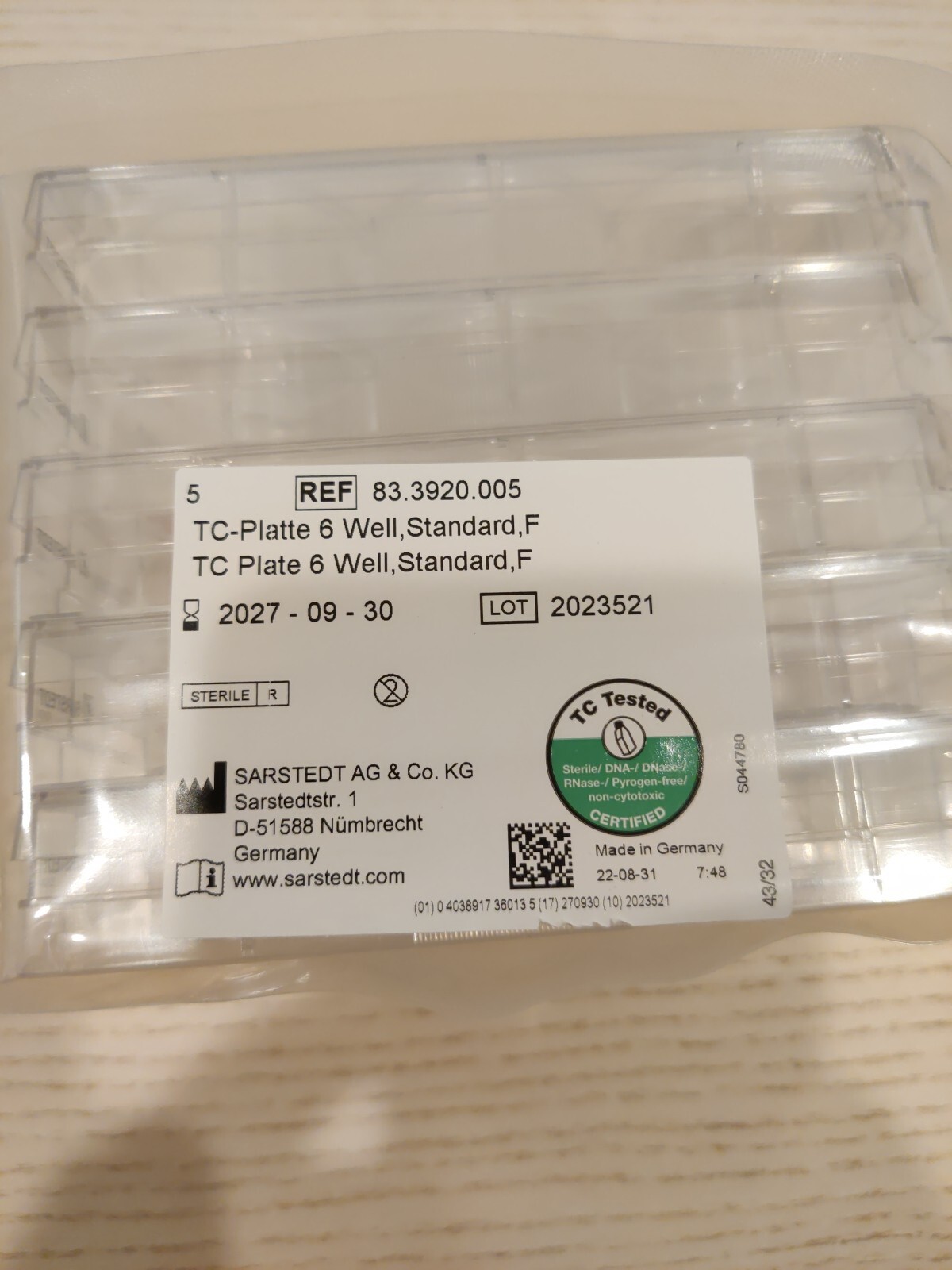 Sarstedt TC Cell Culture Plates, 6 Well, Standard F 83.3920.005, sealed 5 packs