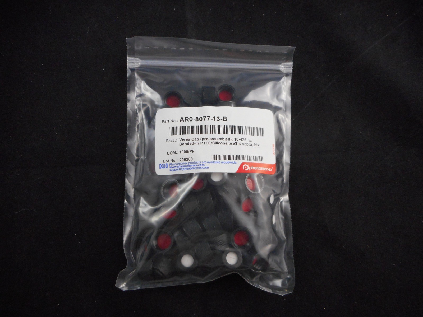 VEREX Plastic Cap 10-425 w/ Bonded-in PTFE/Silicone PreSlit Septa Black 100/Pack