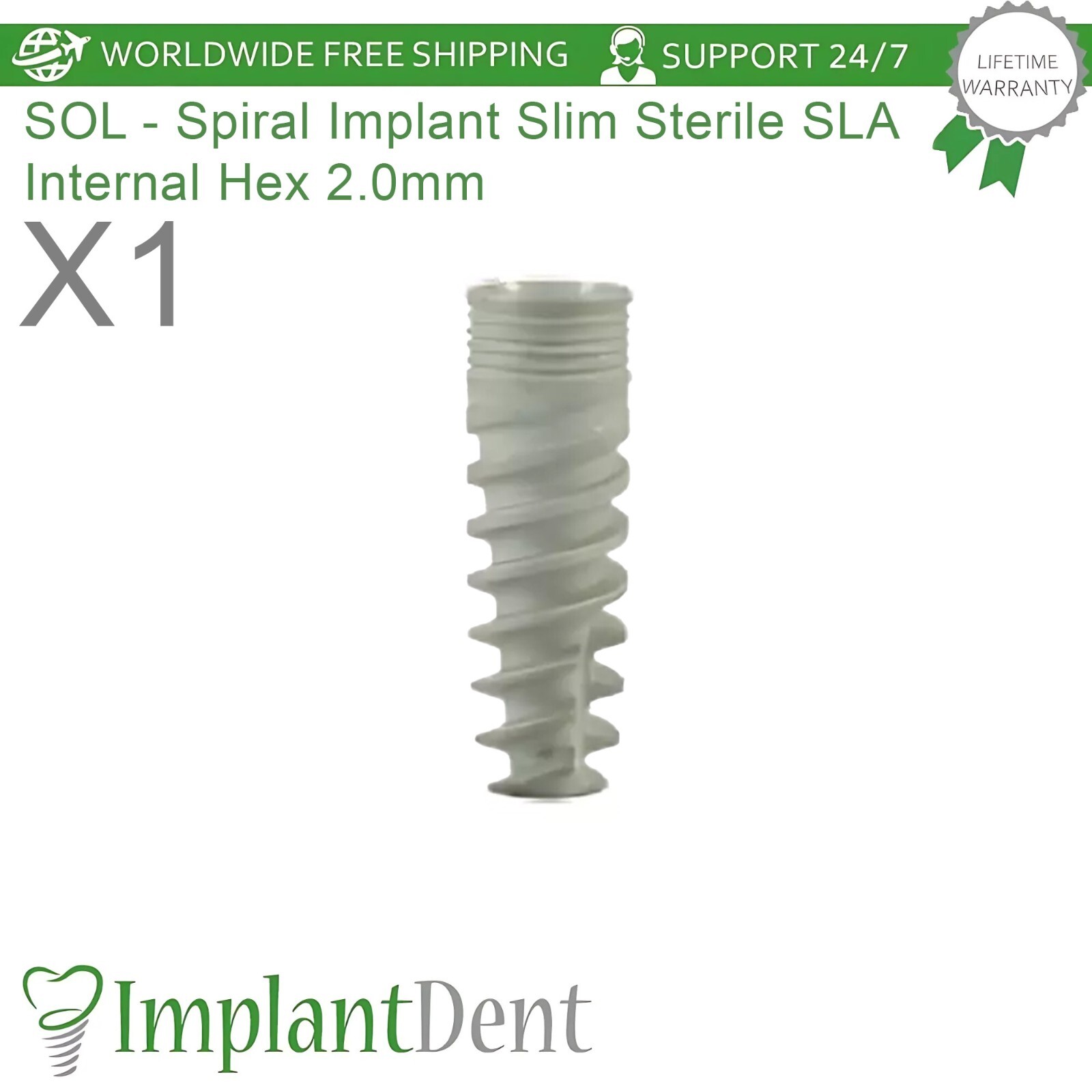1x Dental Slim Spiral Fixture SLA Surface Titanium Int Hex Connection 2.0mm