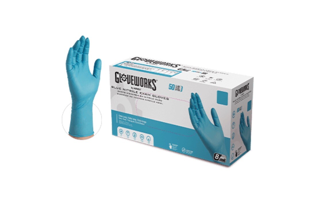 Gloveworks Blue Nitrile PF Exam Gloves – 7 mil – (Case of 10 Boxes/500 Gloves)