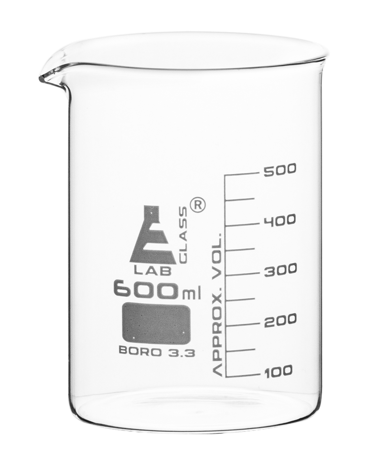 Beaker, 600ml – Low Form – 50ml Graduations – Borosilicate Glass – Eisco Labs