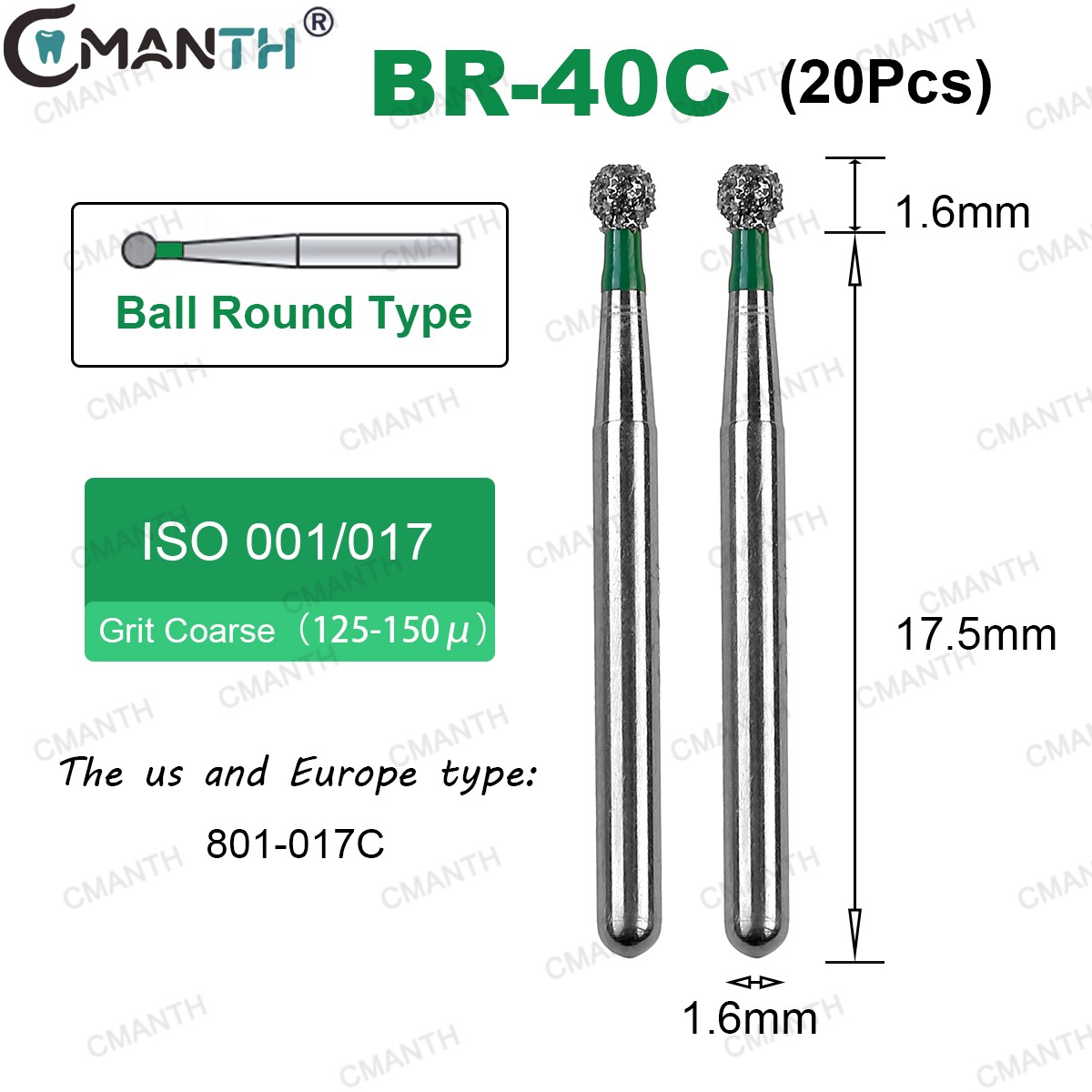 20PCS Dental FG Diamond Burs Ball Round Standard Polishers Bur High Speed 801