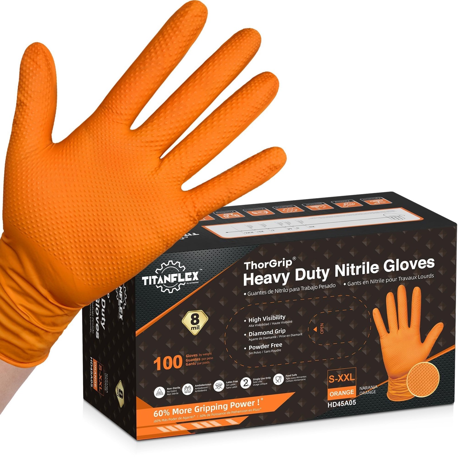 Heavy Duty Industrial Orange Nitrile Gloves, 8-mil, Gloves Disposable Latex F…
