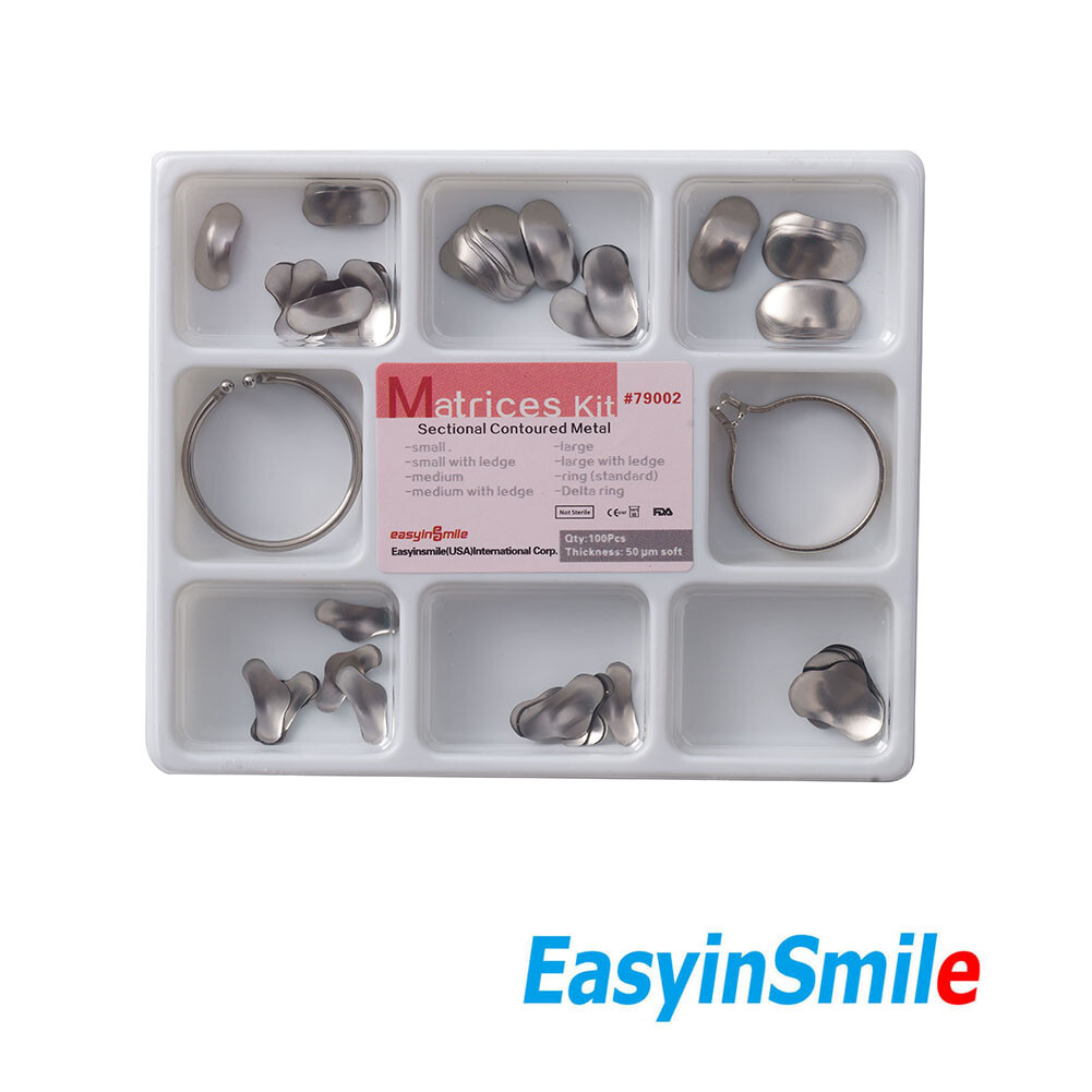 100Pcs Dental Matrices Kit Matrix Sectional Contoured Metal 50 μm & 2 Ring Delta