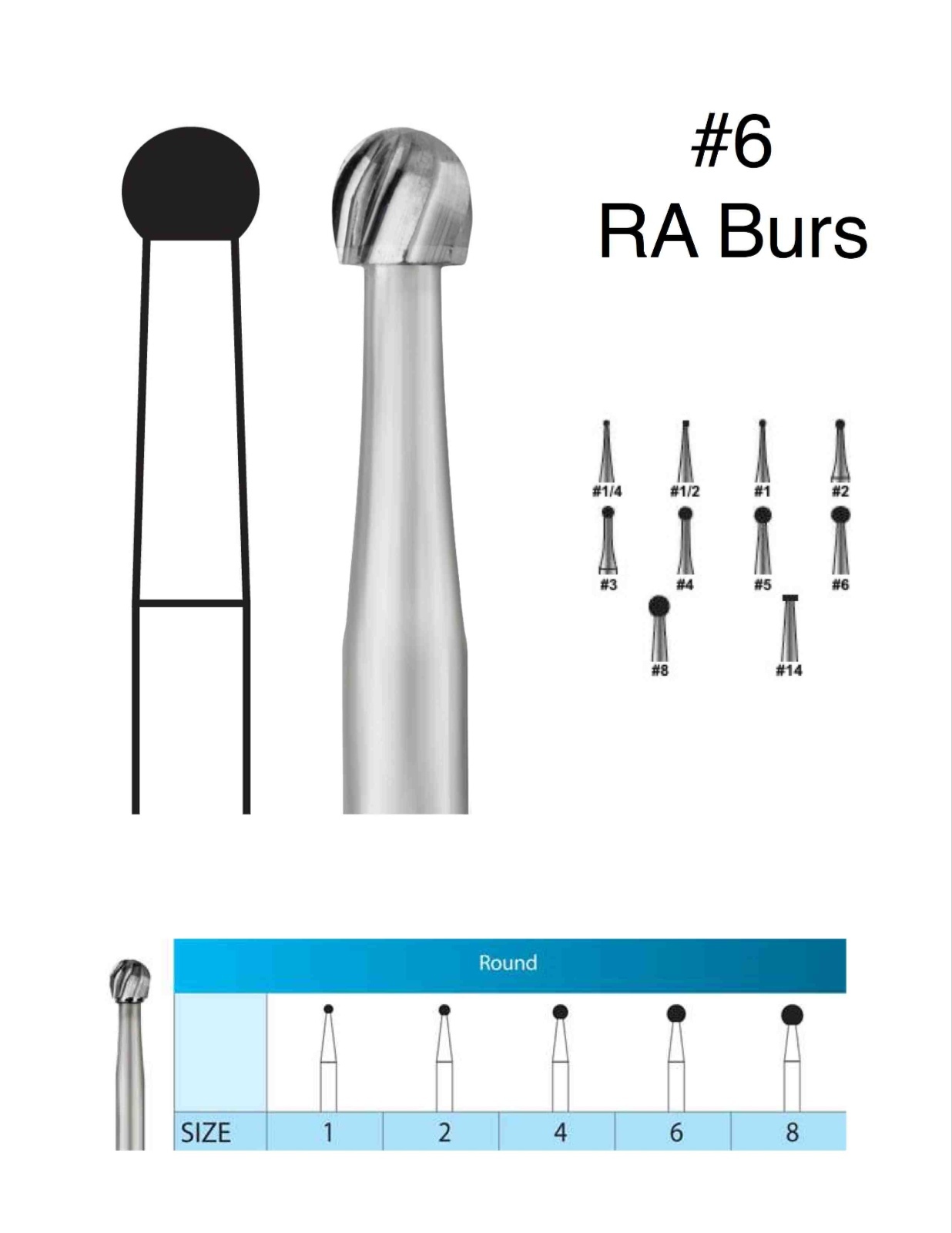 RA #6 round carbide bur for slow speed latch type #6 RA bur