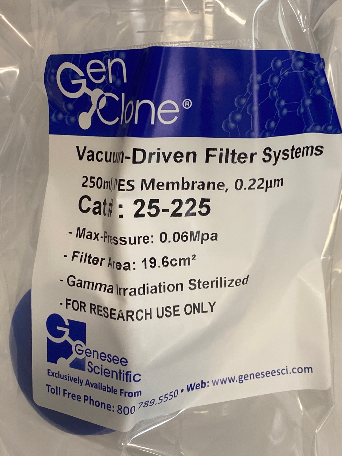 (5) GENESEE GenClone 250mL Vacuum-Driven Filter System 0.22um PES 25-225