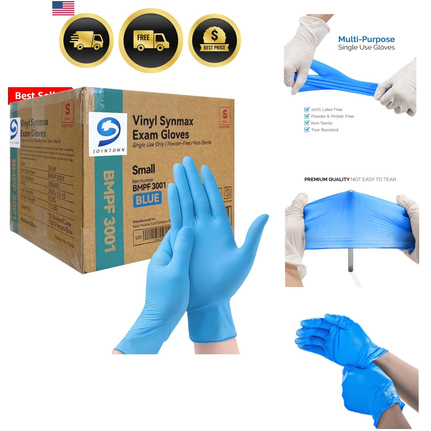 Basic Vinyl Exam Gloves, Latex-Free, Powder-Free, Disposable, Small, Case of …