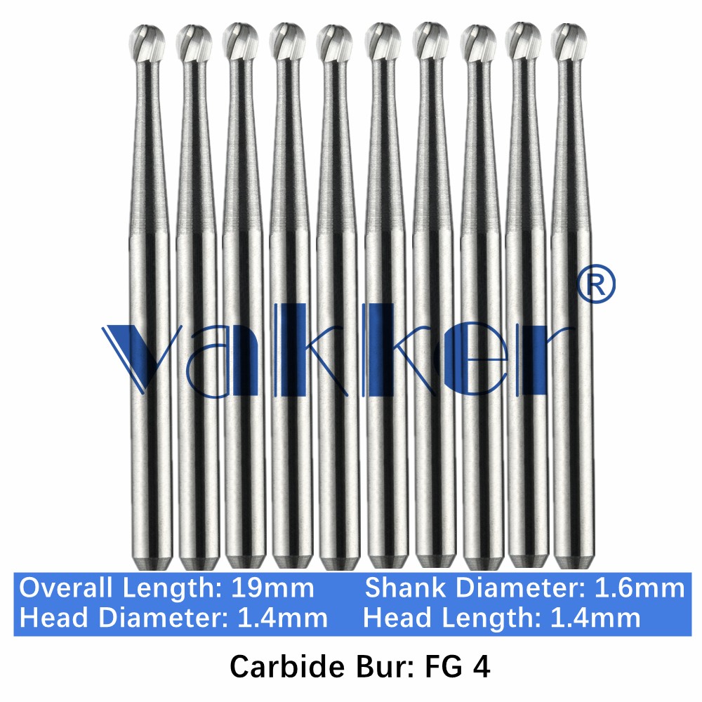10-100pc Vakker Dental Carbide Burs FG4 19mm FG Round Drill Bits for High Speed