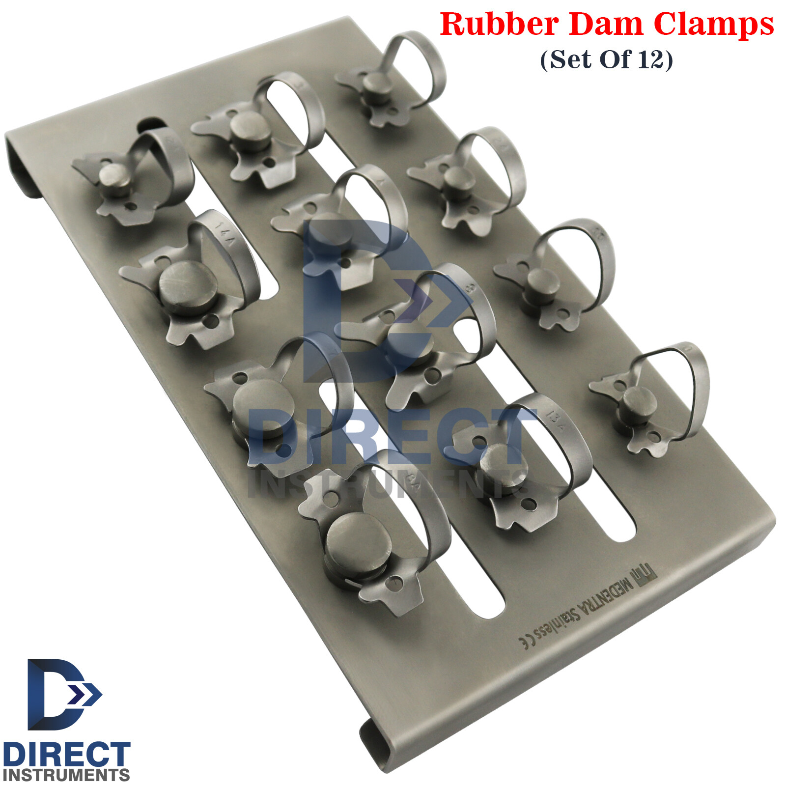 12Pcs Dental Rubber Dam Clamps With Tray Endodontic Retainers Molar Serrated Jaw
