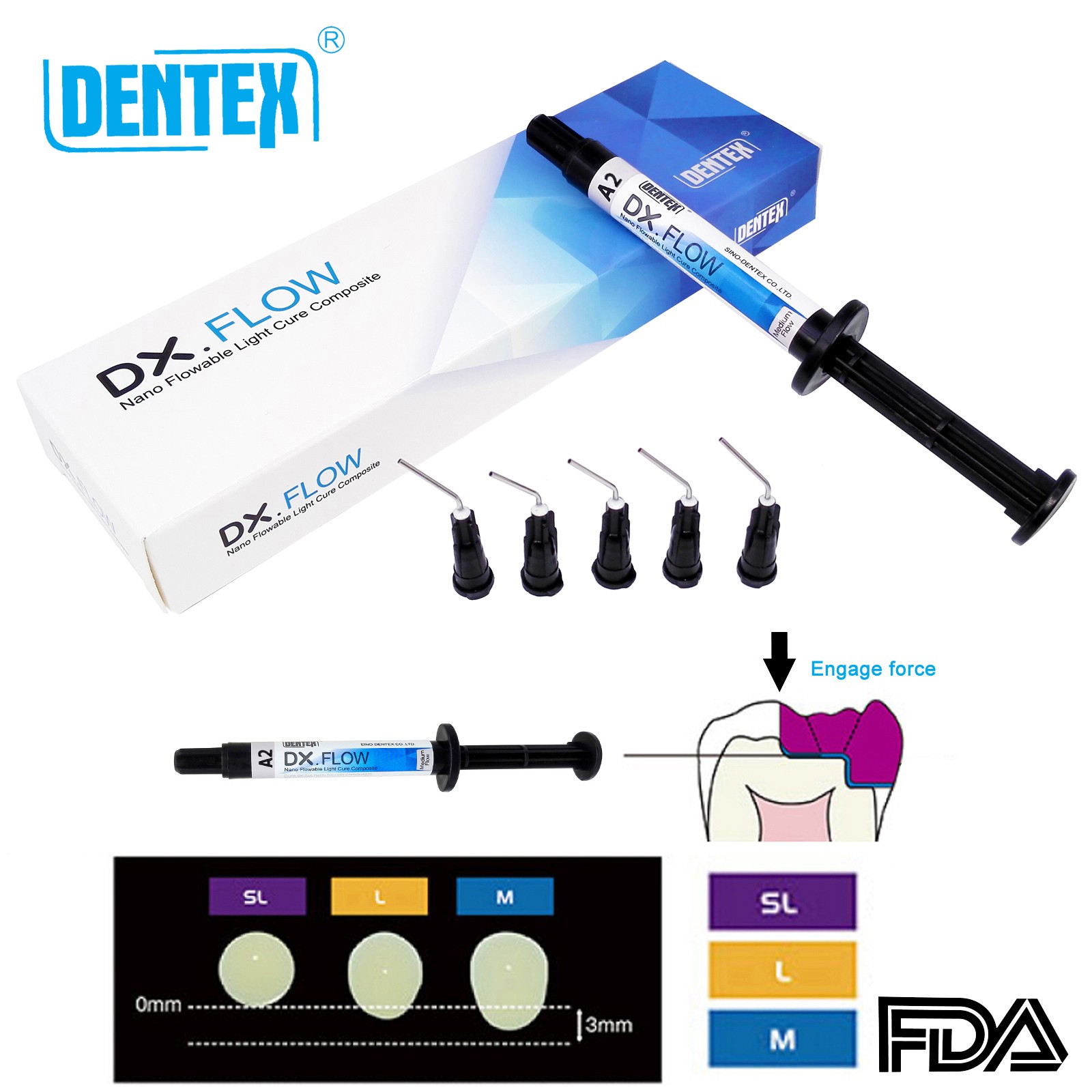 DENTEX Dental Light Cure Flowable Composite Resin Medium Flow Shade A2 3g/Pc