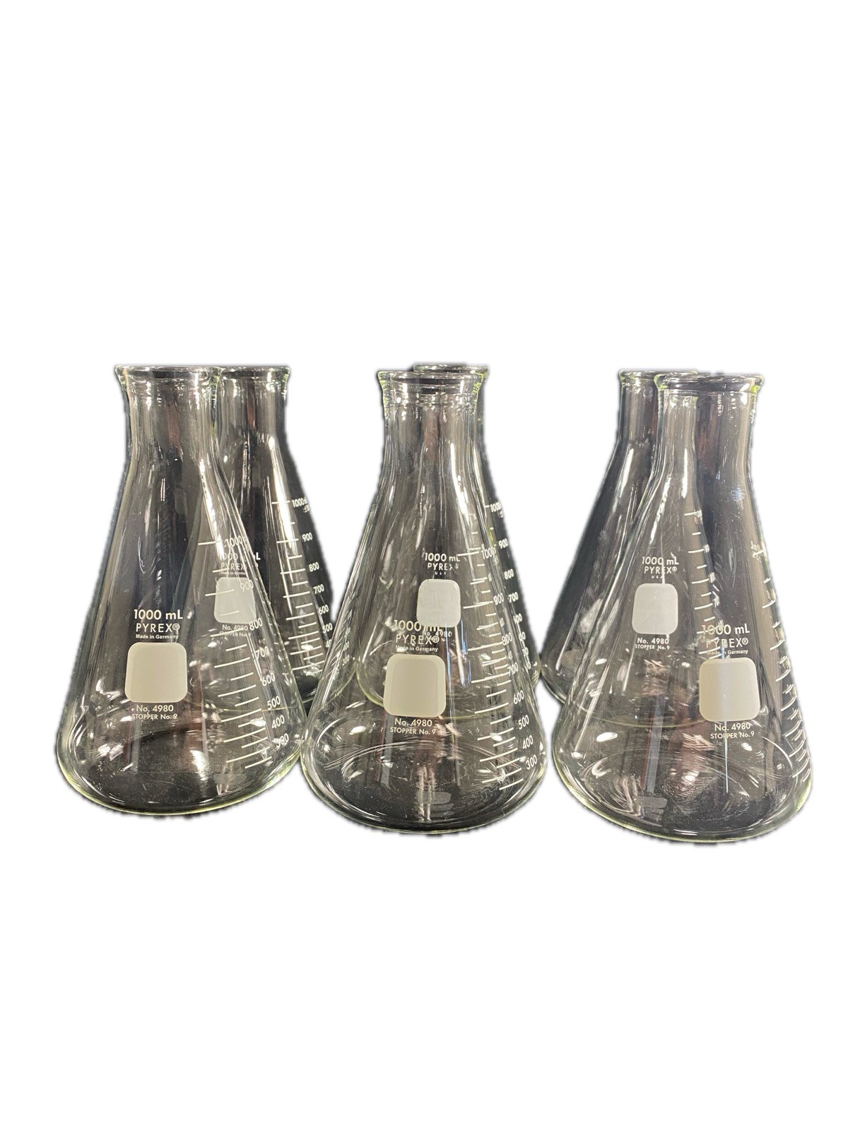 PYREX Glass 1L Heavy Wall Erlenmeyer Flask Graduated Beaded Rim 4980-1L 6PK