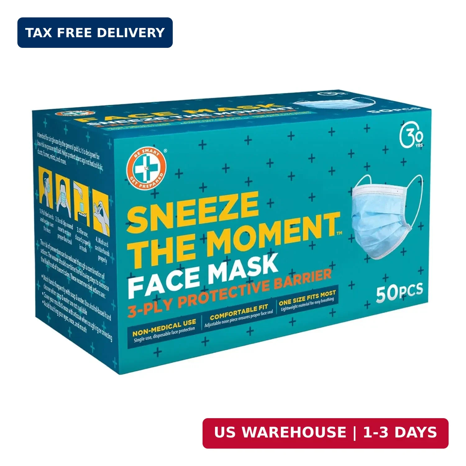 Be Smart Get Prepared 50 pcs FACE MASK, 3 Ply Protective Barrier, Single Use, Di