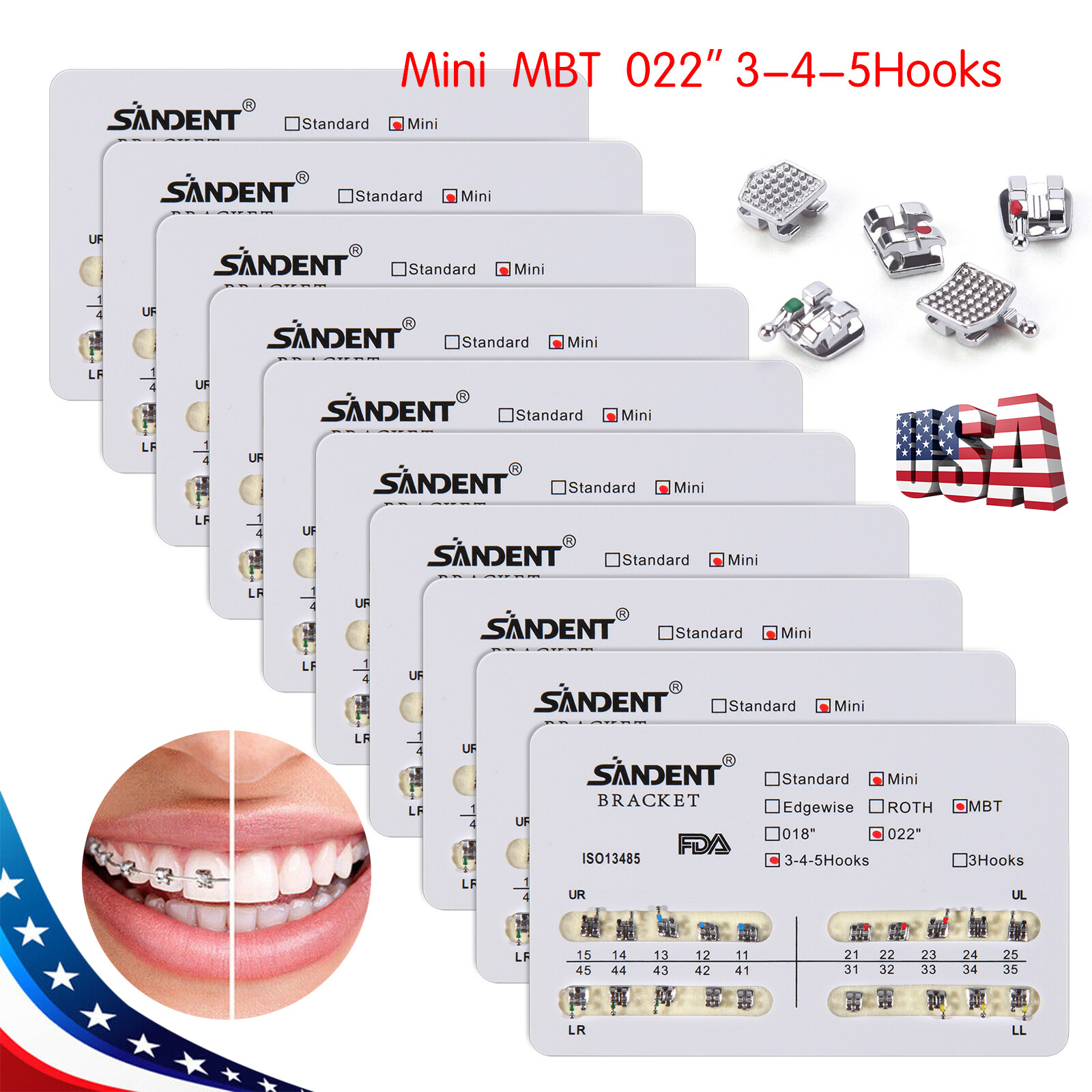 10Packs/200Pcs Ortho Dental Brackets Braces Mini Roth MBT.022 Slot Hooks 345/3