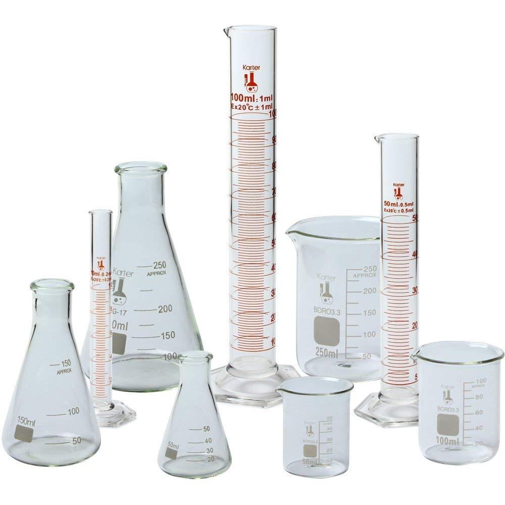 Beaker, Flask, and Cylinder Set, 3.3 Boro. Glass – 9 Pieces, Karter Scientific