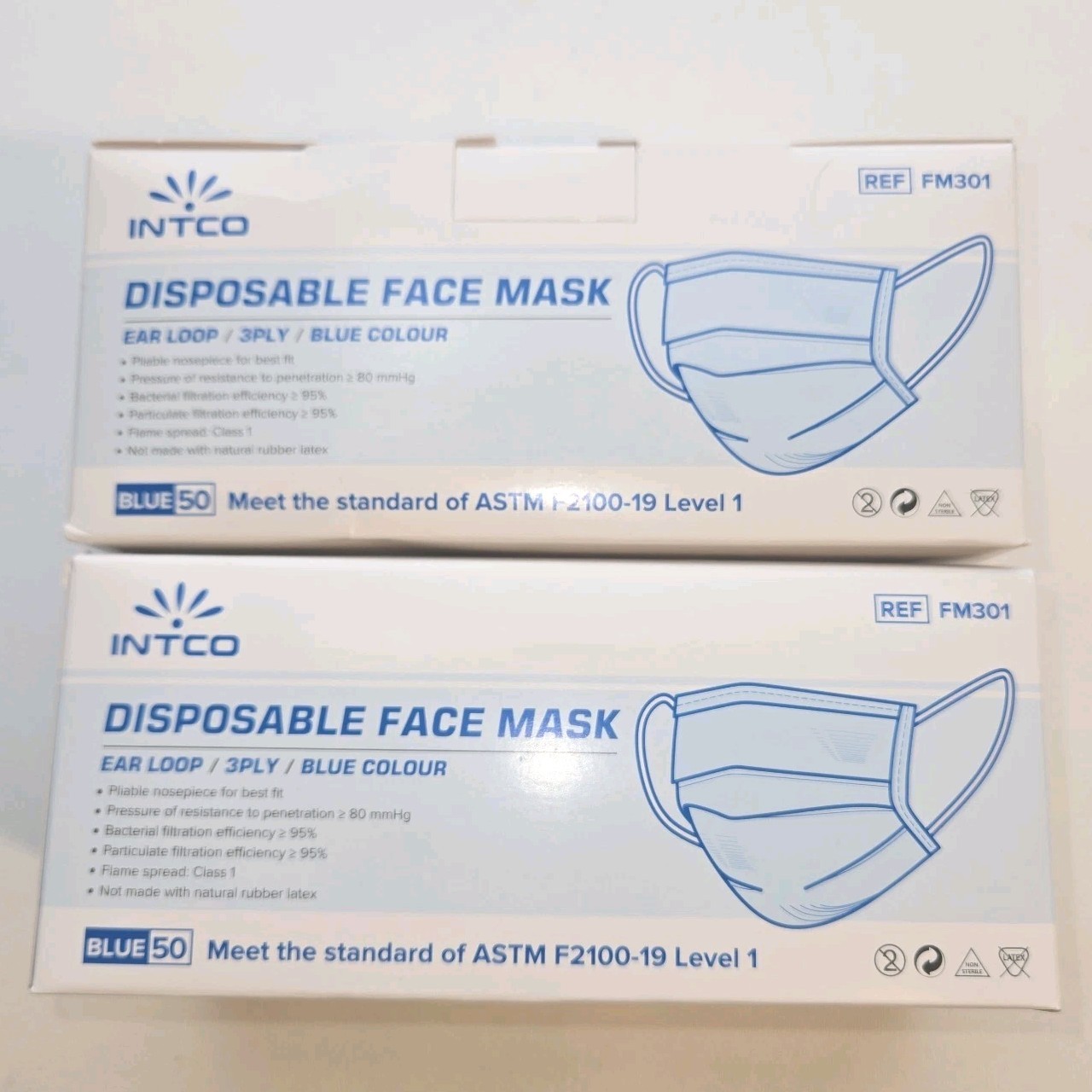2 INTCO General Purpose Disposable Masks 3PLY Blue Ear Loop 50 Per Box 100 #214