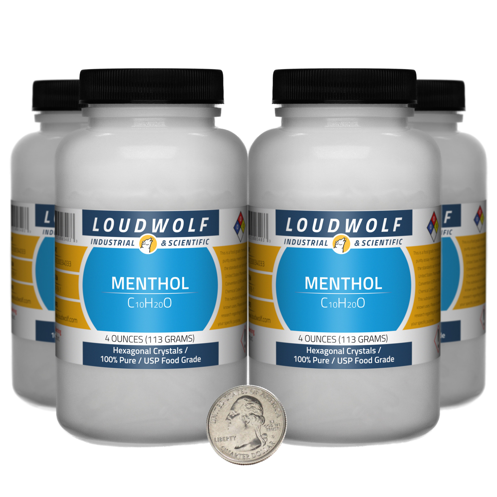 Menthol / 1 Pound / 4 Bottles / 100% Pure USP Food Grade / Hexagonal Crystals