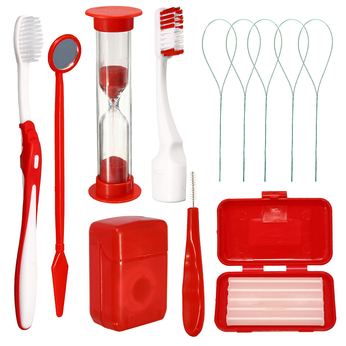 Dental Orthodontic Wax Mirror Tooth Brush Ties Toothbrush Floss Kits Red Color
