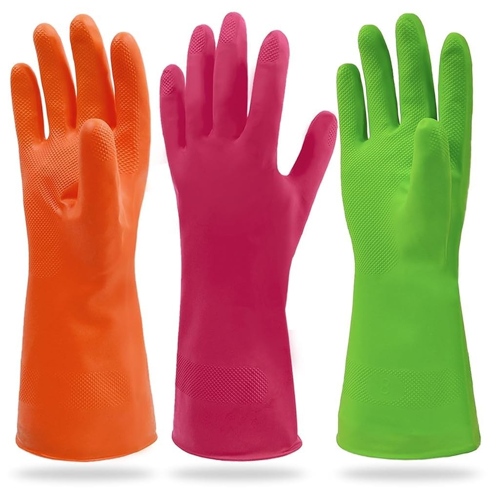 Synthetic Rubber Gloves, Medium Size, 11.8 Inches, 3 Pairs 3 Colors for House…