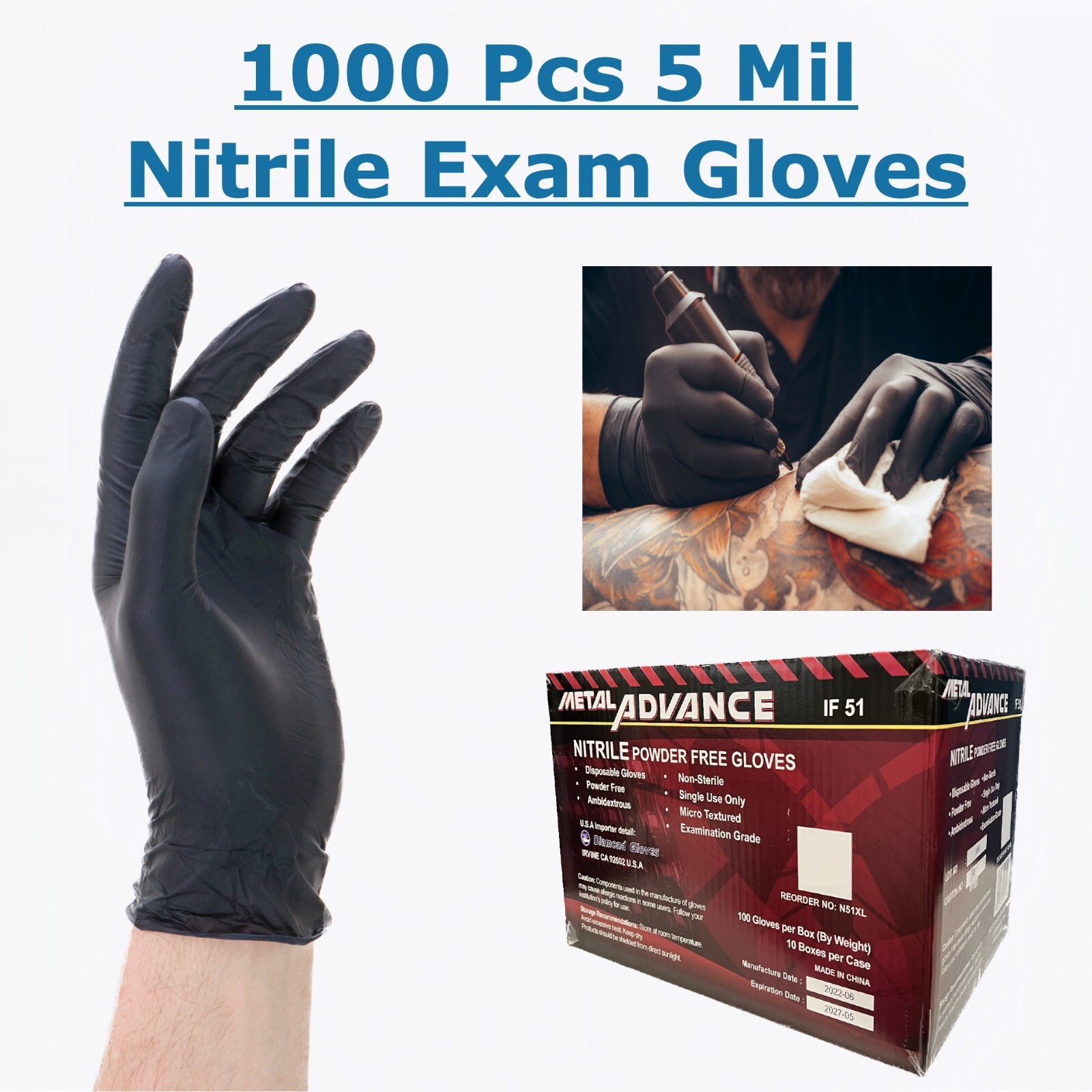 1000 Pcs Nitrile Exam Glove Black 5 Mil Heavy Duty Medical Janitorial S, M, L,XL