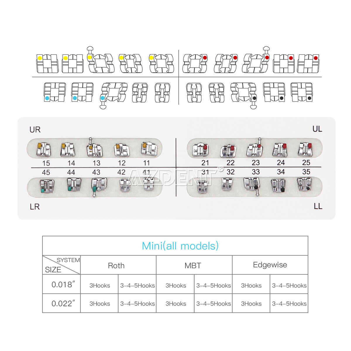 Dental Orthodontics Brackets Braces Mini Roth Slot 0.022 Hooks 3 AZDENT