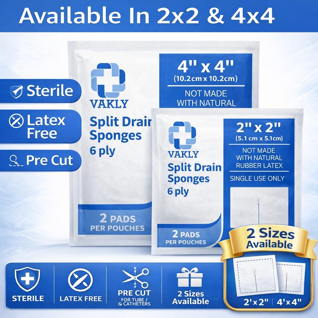 Vakly Split Gauze Drain Sponges 4″ x Sterile 6-Ply (100 Pack) – 4×4 Inch