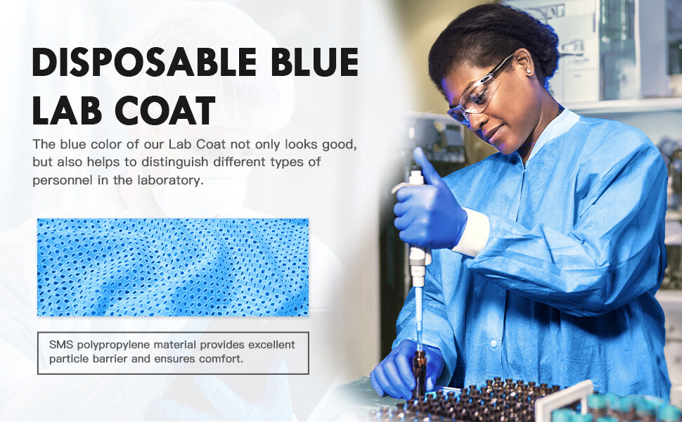 Case of 50 Medical Disposable SMS Lab Coat Gown Blue, 35gsm, With Pockets